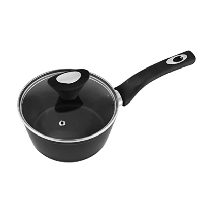 Imagen de Venga! Cacerola de 16 cm con tapa, 1.3 L capacidad, cubierta antiadherente, Apto para lavavajillas, fondo turbo inducción, mango ergonómico suave tacto, negro/plata, VG POT 3010