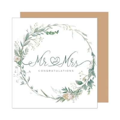 Imagen de Edition Seidel Tarjeta de boda cuadrada Premium con sobre. felicitación corona flores eucalipto pareja nupcial (HQ101 SW024)