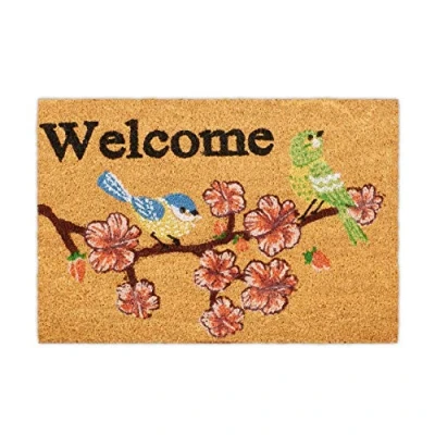 Imagen de Relaxdays Felpudo Coco Welcome, Estampados Pájaros y Flores, Alfombrilla Entrada, Interior Exterior, 40x60 cm, Natural