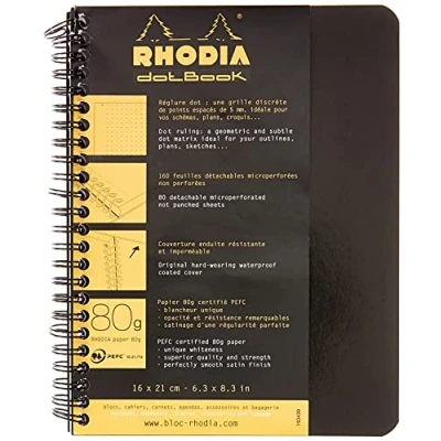 Imagen de Clairefontaine, RHODIA, 193439C, Cuaderno en espiral, A5+, Interior: puntos, 160 Páginas Desmontables, Papel Clairefontaine Blanco 80 g/m², Tapa Blanda y Resistente, Color tapa: Negro