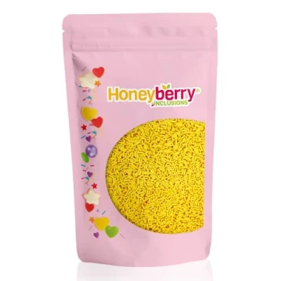 Imagen de HONEYBERRY INCLUSIONS Chispas de azúcar amarilla 200 g, fideos comestibles primera calidad para hornear, decoraciones cupcakes y pasteles, helados, postres glaseados