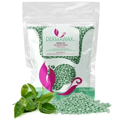 Imagen de Dermawax Perlas de cera premium baja temperatura 1 kg té verde sin tiras para la depilación, Depilación brasileña con cuerpo entero, piernas, cara y brazos