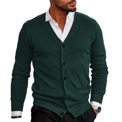 Imagen de WESBR Mens Knit Jumper Thin Cut Knitwear Men Fine Cardigan V Neck Button Placket Knitted Jacket Casual Long Sleeve A Green L