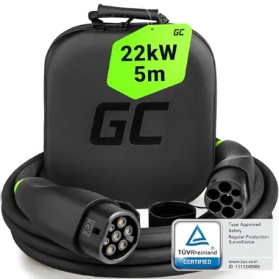 Imagen de Green Cell GC Snap Tipo 2 Cable de Carga 22kW 5m 32A para EV Vehículo Eléctrico a Trifásico TÜV Compatible con Model Y 3 S X, ID.3, ID.4, Q4 E tron, i4, iX1, 500e, Enyaq, EV6, Mach