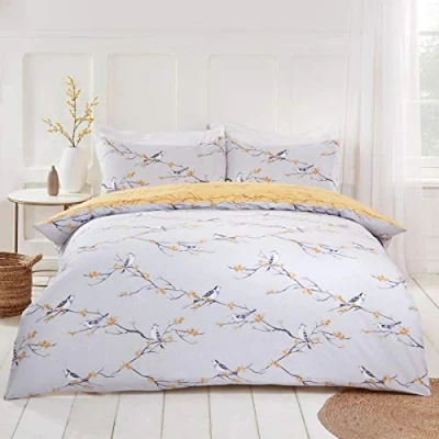Imagen de Dreamscene Juego de Funda edredón Reversible con Almohada y diseño pájaro Floral, Color Gris Ocre Amarillo, tamaño Doble