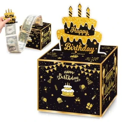 Imagen de BOFUNX Caja Regalo Dinero para Cumpleaños Sorpresa de Sacar en Efectivo Happy Birthday Hucha con 50 Bolsas Transparentes Autoadhesivas Fiesta Amigos Familias