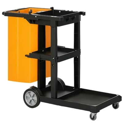 Imagen de HOMCOM Carro de Limpieza con Bolsa Servicio Ruedas y 3 Estantes para Hotel Hostal 121x50,5x96,5 cm Negro Amarillo
