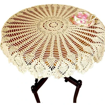 Imagen de NC AMIPOS Manteles redondos de encaje ganchillo hechos a mano 90 cm, color beige, algodón, mantel mesa boda, hogar, fiesta, decoración (beige)