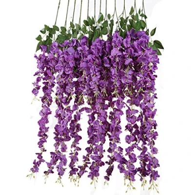 Imagen de Veryhome 12 Piezas 3.6 ft Flores Artificiales Falsas Wisteria Vine Flor de Seda para Decoraciones Boda Home Decoracion Garden Party Decor Morado