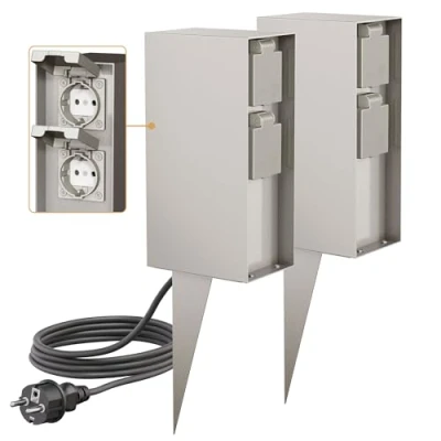 Imagen de ledscom.de 2 pzas. Toma de jardín Pilar POMI con piqueta Tierra y Cable 2m para Exteriores, IP44, 4 vías, Acero Inoxidable, Cuadrada, 23cm