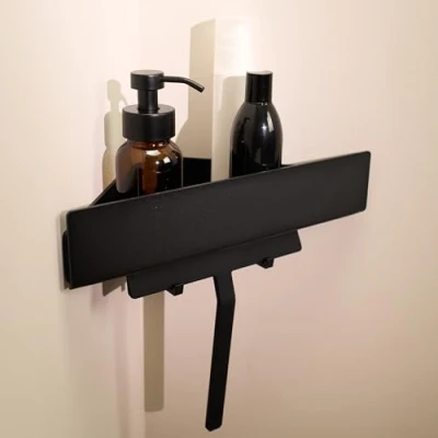 Imagen de Design Hamburgo Estantería Ducha Rinconera sin Taladro I de Baño y Organizador Repisa Champú Accesorio Adhesivo Balda con 2 Ganchos Negro Mate Triangular