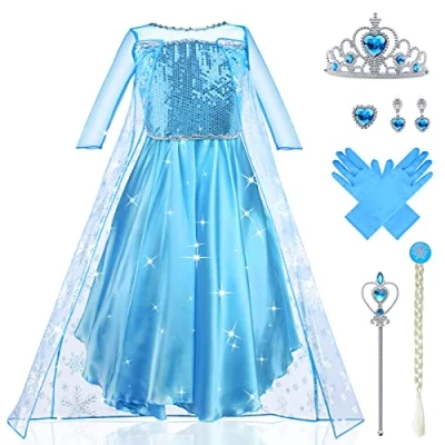 Imagen de URAQT Vestidos Princesa, Disfraz de Princesa Niña con Accesorios, Traje Princesas Niñas Capa Copos Nieve Brillantes, Halloween para Cosplay, Cumpleaños, Carnaval, 110cm