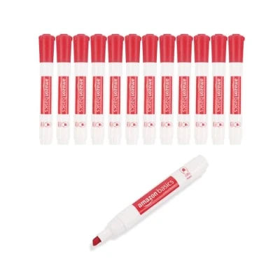 Imagen de Amazon Basics Rotuladores de punta biselada, borrado en seco y poco olor para pizarra blanca, rojo, 12 unidades