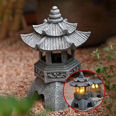 Imagen de AURORAF Estilo japonés Al Aire Libre Jardín Luces Linterna ，Luz Solar LED Adorno Farolillos decoración Pagoda Estatua Balcón Lámpara de Creativa(Color:A)