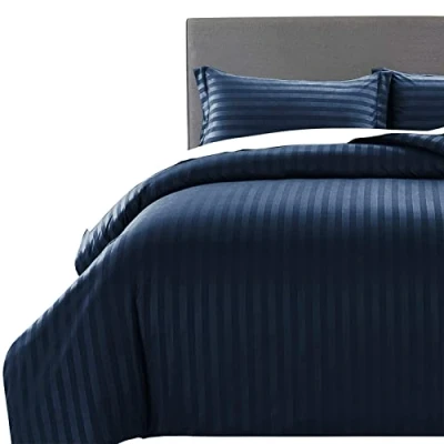 Imagen de MOONLIGHT20015 juego de funda edredón tamaño Super King, ropa cama satén a rayas calidad hotel con 2 fundas almohada, suaves y transpirables (azul marino, King)