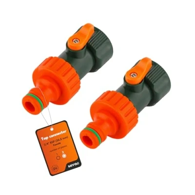 Imagen de MIVOS 2 conectores de grifo con válvula cierre para rosca exterior 3/4 pulgadas BSP (26,5 mm) Adaptador manguera, manguera jardín