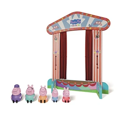 Imagen de Peppa Pig Teatro de marionetas dedo Deluxe madera y tela Fácil instalación Incluye Peppa, George, Mama Pig, Papa Abuelo Tamaño 45X45 cm (Deqube 913D00072)