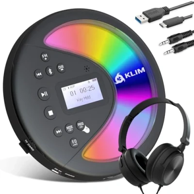 Imagen de KLIM Discover con Auriculares + Reproductor de CD Portátil Nuevo Discman batería Larga duración Radio FM Compatible MP3, SD Card, Bluetooth Ideal para Coches