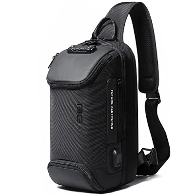 Imagen de BANGE bolso bandolera, de pecho impermeable para hombre, bolsas hombro, mochila cruzada hombres.., Actualización negra antirrobo, M, Viajar