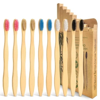 Imagen de Cepillo de Dientes Carbón Bambú 10 PAQUETE 5 Colores Cerdas Suaves Naturales Ecológico Biodegradable para Uso Familiar