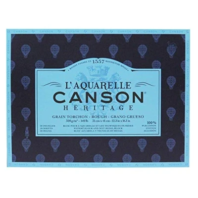 Imagen de Canson Heritage, Papel de acuarela, Áspero, 300g, Block pegado a 4 lados, 31x41cm, Blanco, 20 hojas
