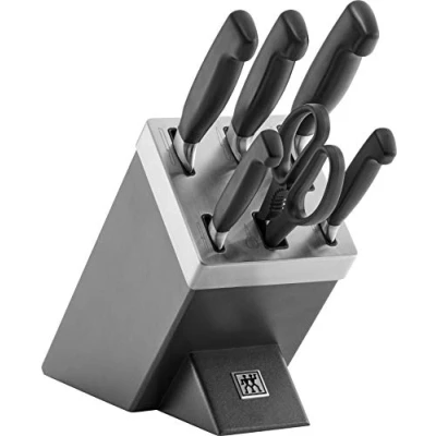 Imagen de ZWILLING Bloque de cuchillos autoafilables cuatro estrellas, 7 piezas, cuchillo y tijeras acero inoxidable especial/mango plástico, color gris [fabricado en Alemania]