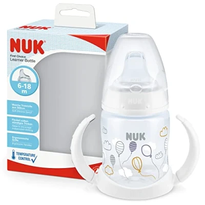 Imagen de NUK First Choice Vaso para sorber 150 ml Asas de fácil agarre y boquilla silicona ortodóntica A prueba fugas 6 18 meses Anticólicos Control temperatura Sin BPA Globos
