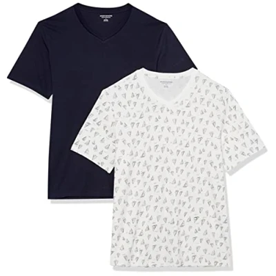 Imagen de Amazon Essentials Camiseta de manga corta, cuello pico, corte recto (disponible en tallas grandes y largos especiales) Hombre, Pack 2, Azul Marino/Estampado Barcos, XL