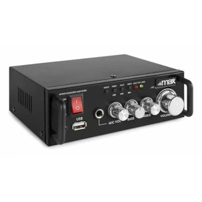 Imagen de MAX AV340 Mini Amplificador HiFi con Receptor Bluetooth 100 W Compacto, Entrada RCA AUX, Bluetooth, USB Reproductor MP3, Pequeño Karaoke Mic Negro