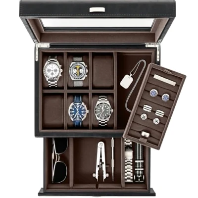 Imagen de TAWBURY Caja de reloj 6 ranuras para hombre, joyero lujo con cajón almacenamiento, hombre almacenamiento relojes, vitrina reloj, cajas (negro)
