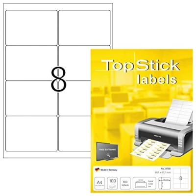 Imagen de TopStick 8758 etiquetas autoadhesivas para direcciones A4 (99,1 x 67,7 mm, papel) 100 hojas, 8 por hoja, 800 etiquetas, impresoras inkjet y láser