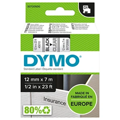Imagen de DYMO D1 etiquetas auténticas impresión negra sobre fondo transparente 12 mm x 7 m autoadhesivas para etiquetadoras LabelManager
