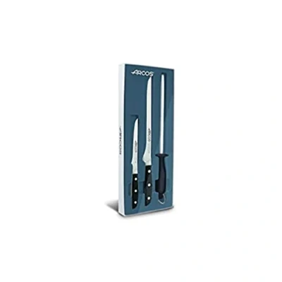 Imagen de Arcos Serie Manhattan Set Jamonero de 3 piezas (1 Cuchillo + 1 Deshuesador Chaira) Hoja Acero Inoxidable Forjado NITRUM Mango Polioximetileno (POM) Color Negro