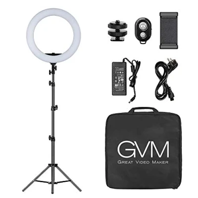 Imagen de Anillo de luz LED GVM con trípode 48 cm, 3200 5600K Selfie Bicolor para fotografía Titok Vlog Youtube Retrato luz, Video LED,