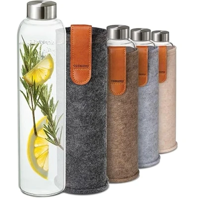 Imagen de Cosumy Botella para Agua de Cristal con Funda Fieltro 750ml Apta Lavavajillas Sin Fugas BPA Bebidas Gas (Antracita)