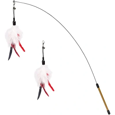 Imagen de Pawaboo Pluma de Juguete para Gato, 88cm Interactivo Colector del Gatito Extra Largo, Varita Cazador Ejercitar Gatos y Gatitos Vino Roja &amp; Blanca