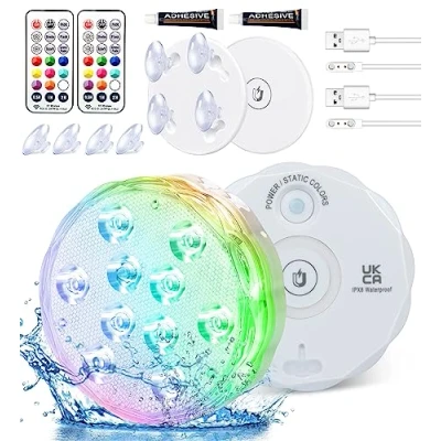 Imagen de Qoolife Luces Sumergibles recargables, 3.3&quot; USB Magnético RGBW Piscina Luz LED Impermeable Control remoto RGB cambiante Bajo el agua para fiesta Florero de Navidad Tina de（2 Paquete）