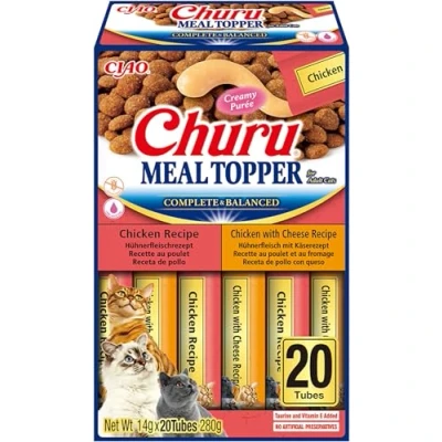 Imagen de INABA Churu Meal Topper, Snack cremoso para Gatos en 2 variedades de Pollo 20 barritas x 14gr Condimento Comida Seca sin conservantes