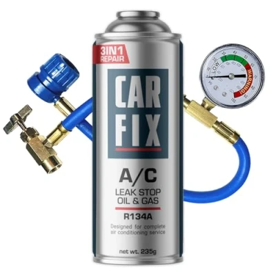 Imagen de gas refrigerante r134a para coche, kit recarga r134a, carga aire acondicionado coche 1 lata de 3en1 y manguera con manómetro, 235 g