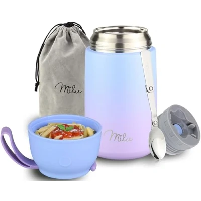 Imagen de Milu Termo para Comida 800 ml Taza Aislada, Botella de Acero Inoxidable Aislada Alimentos, Beber y sopa los niños adultos Térmico (800ml/Azul Violeta)