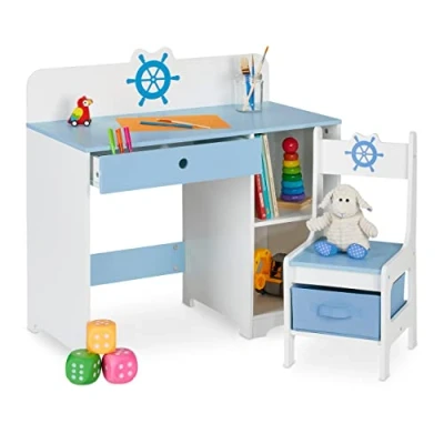 Imagen de Relaxdays Escritorio Infantil con Silla, Cajón y 2 Compartimentos, Diseño Marinero, Muebles para Niños, Azul Blanco, Tablero de Fibras, 79,5 x 80 40 cm