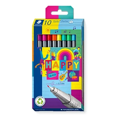 Imagen de STAEDTLER Fineliner Triplus Happy 334 C10 HA rotuladores de punta fina 0,3 mm, 10 en estuche cartón, colores surtidos