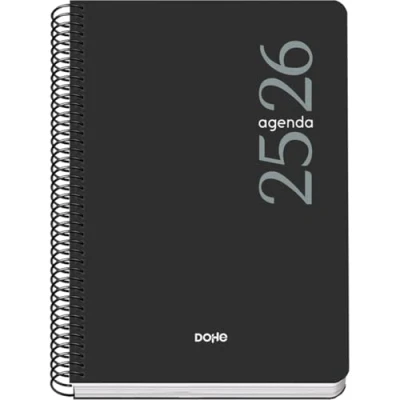 Imagen de Dohe Agenda Escolar 2025 2026 Día Página, Tamaño A5 (15x21 cm), Español e Inglés, Septiembre a Junio, Cierre de Espiral, Tapa Flexible ESENCIAL Negro