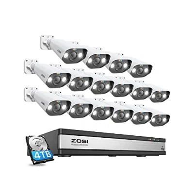Imagen de ZOSI Sistema de Cámara Vigilancia 4K 16CH NVR PoE con 16pcs 5MP IP Exterior, Visión Nocturna, Audio, Alarma Luz y Sirena, 4TB HDD Incluido