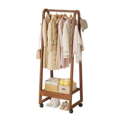 Imagen de DODOBD Burro Ropa Multifuncional con Barras para Ropa,Perchero de Bambú Ganchos,Armario Abierto Madera Perchero Pie Ruedas,para Entrada Dormitorio Vestidor Oficina