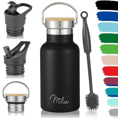 Imagen de Milu botella de acero inoxidable 350 ml, 500 750 1 l (+3 tapas) termo con paja, agua, para bebidas calientes, frías y carbonatadas (negro, ml)