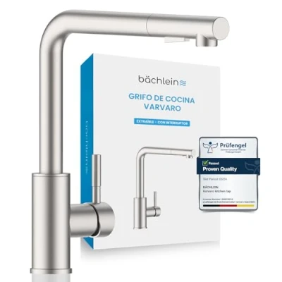 Imagen de Bächlein Grifo de Cocina Giratorio 360 Grados (Acero Inoxidable Cepillado) Mezclador Monomando Fregadero con Manguera Extensible y Ducha Interruptor, Para la