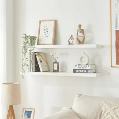 Imagen de [en.casa] Estantería Pared Stranda de 2 Estantes Juego Baldas Flotantes para Sala Baño Cocina Dormitorio Despacho MDF Metal 100x20x3,5cm Blanco