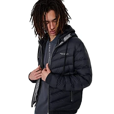 Imagen de Armani Exchange Chaqueta Acolchada con Capucha y Cremallera, Logotipo Milano/New York, Azul Marino/Gris Marl, XS para Hombre