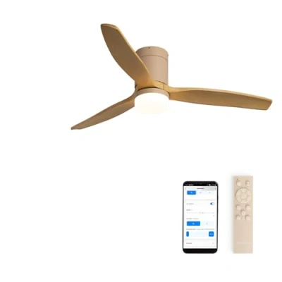 Imagen de CREATE / WINDCALM M/Ventilador de techo con luz arena aspas madera clara Wifi y mando 40W, Silencioso, Ø132 cm, 6 velocidades, 3 temperaturas luz, temporizador, función verano invierno